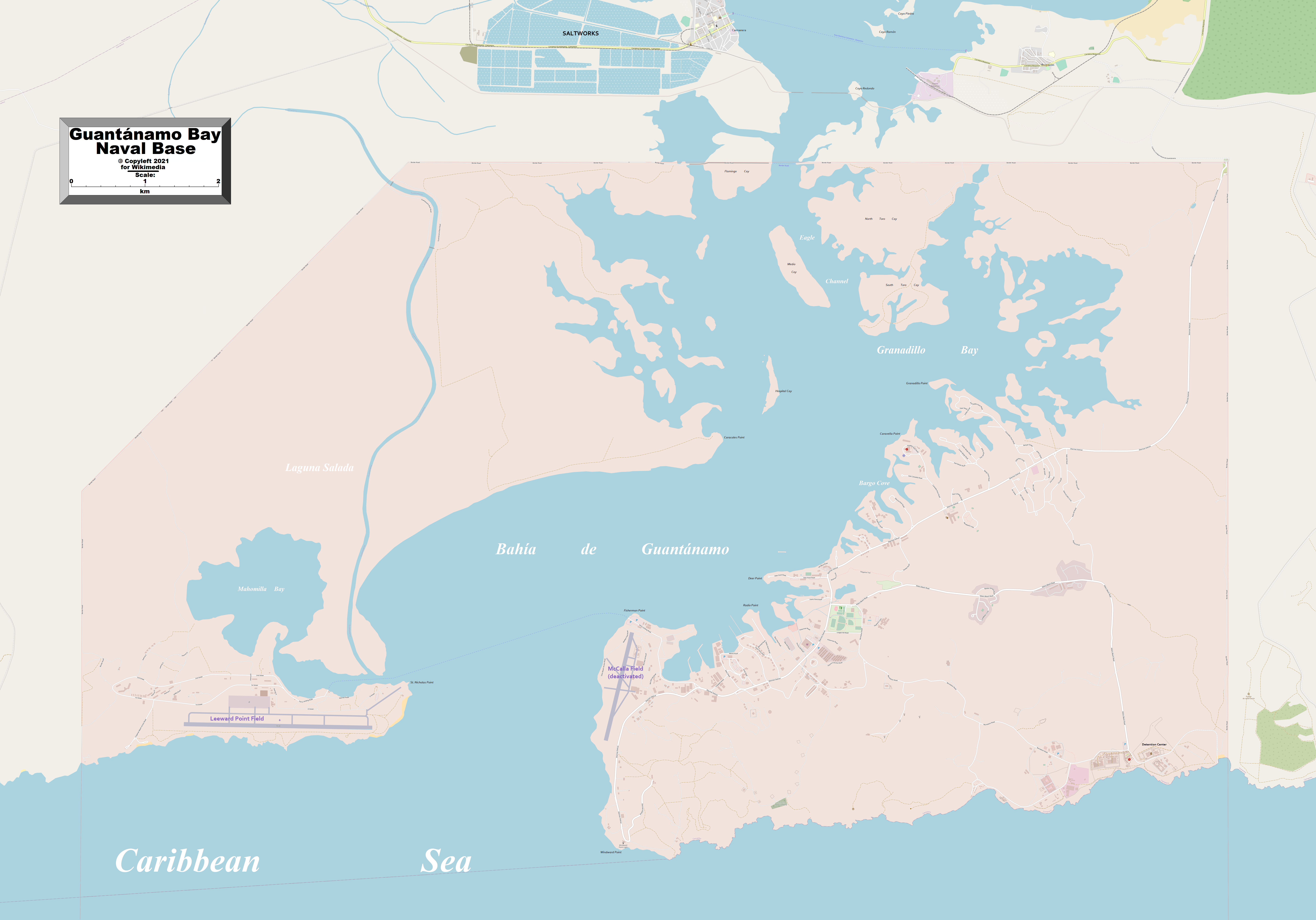 Map of Guantanamo Bay Naval Base shows the base and some other geographical details